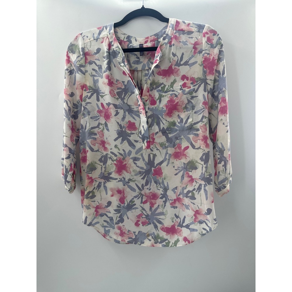 NYDJ Pink Floral Henley Blouse 3/4 Sleeve Pleated Back Petite XXS PXXS